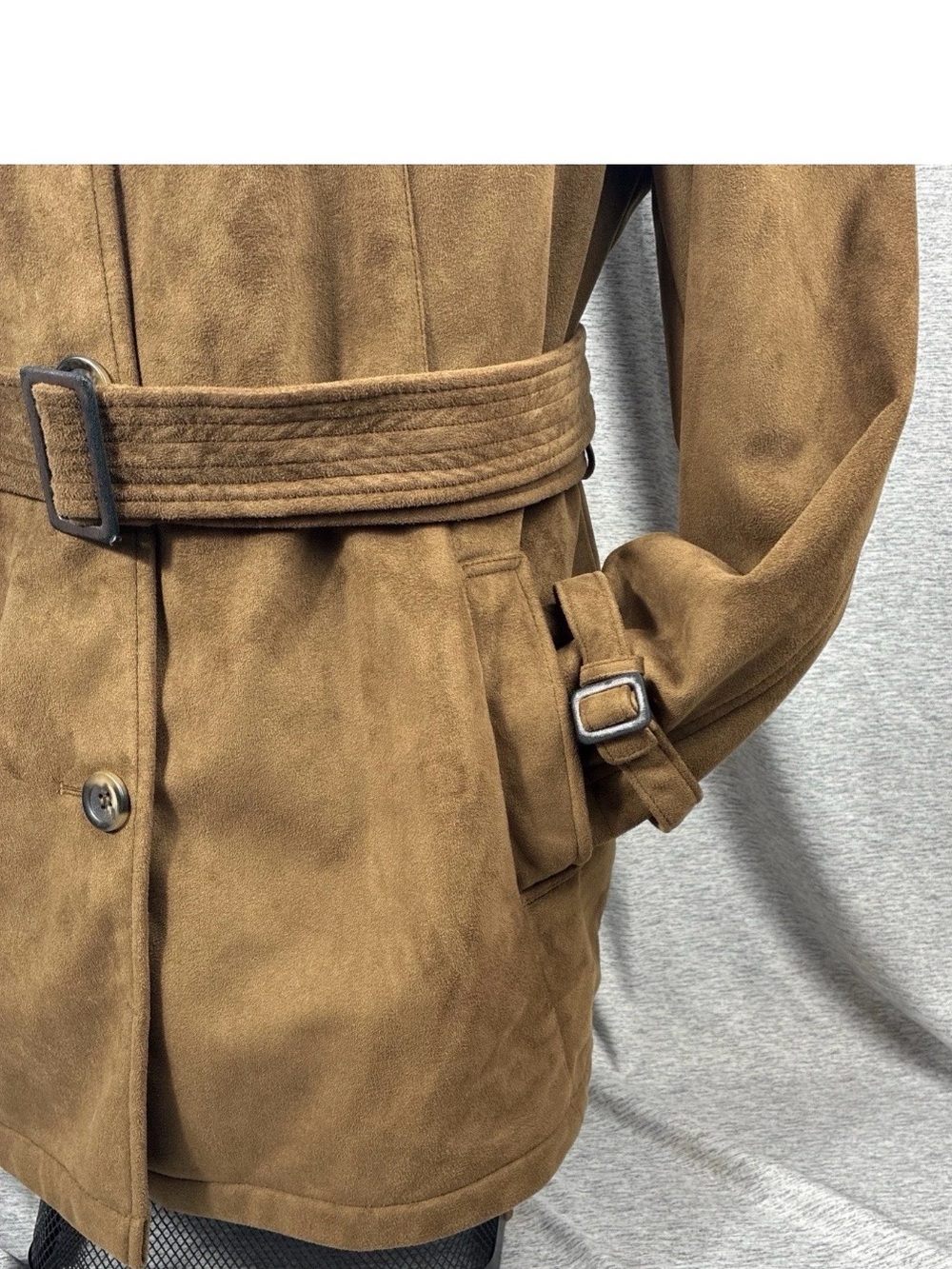 Jones NY Brown Trench Women XL Rich Earthy Brown Vegan Faux Suede Strong Femme - Picture 5 of 15